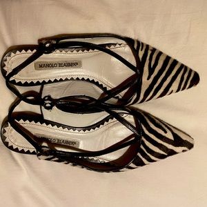 manolo blahnik pony hair zebra print pointy toe flats